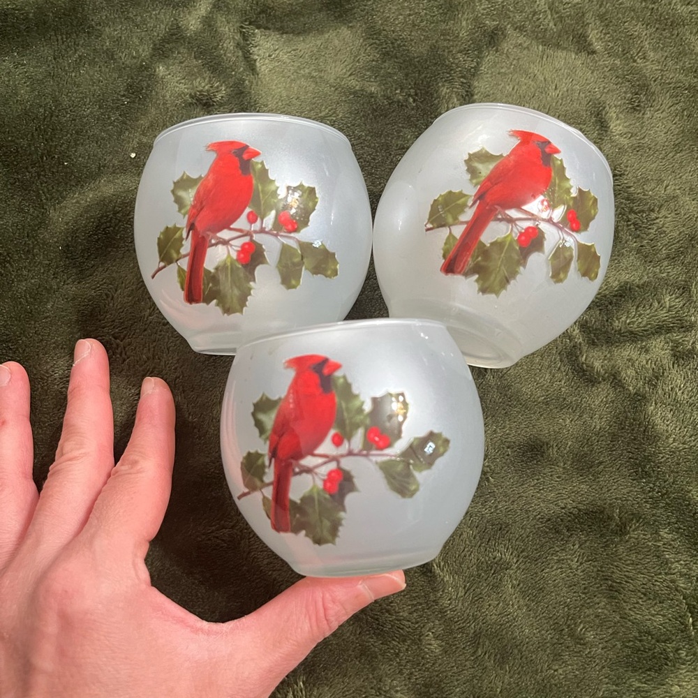 New Christmas Frosted Glass Candle votives with Red Cardinals design 3 pack